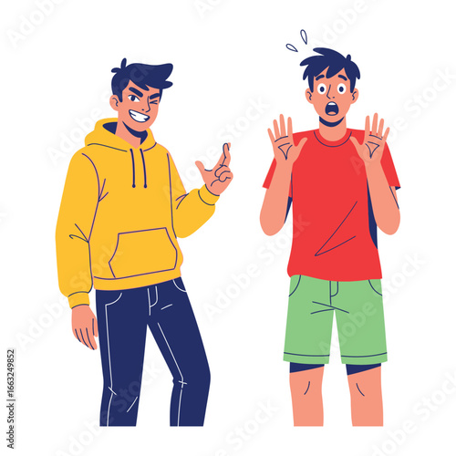 Conflict and Fear: A tense illustration captures a moment of conflict and apprehension between two individuals, with one displaying a menacing gesture while the other exhibits fear and defense.