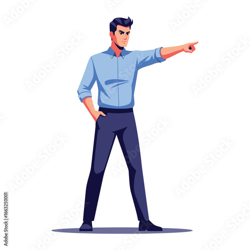 Commanding Presence: A confident professional, radiating leadership and assertiveness, confidently points towards a determined future. 