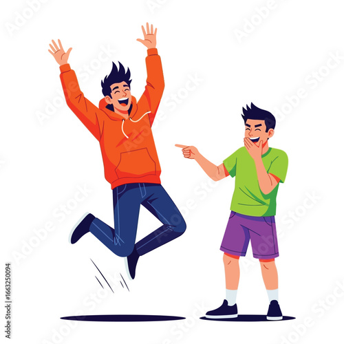 Joyful Moment of Friendship: Two young men, caught in a lively embrace of pure happiness, are sharing a carefree moment of laughter.