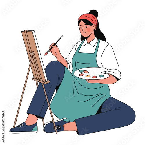 The Art of Creation: An artistic figure is absorbed in the creative process, expertly holding a brush in one hand and a palette in another, poised to bring life to a canvas.