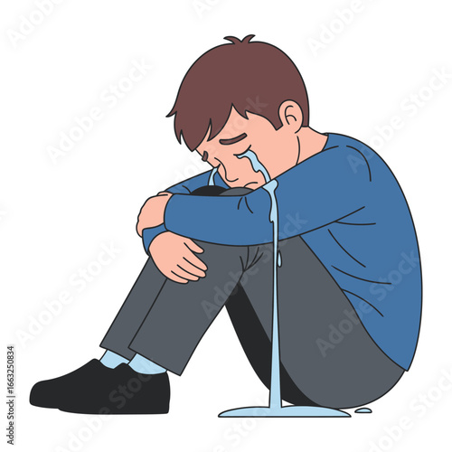 Solitary Tears: A depiction of a solitary individual, seated in a posture of distress, tears streaming down their face, encapsulating the raw emotion of sorrow and emotional pain.