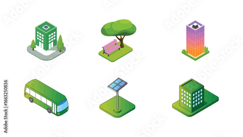 eco city illustration with green buildings tree bench bus and solar energy icons
