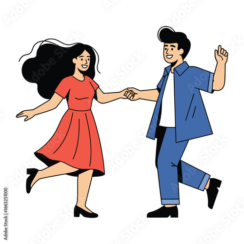 Energetic Dance Delight: A joyous pair, dressed in colorful attire, moves gracefully to the rhythm, symbolizing the bliss of social interaction.