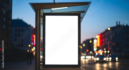 Night City Bus Stop with Blank Ad Board and Blurred Traffic Lights