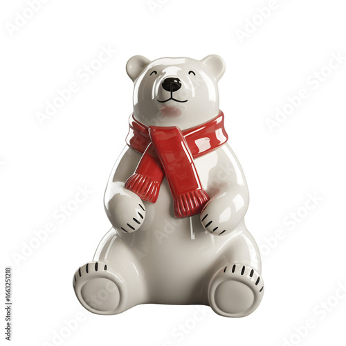 Ceramic polar bear wearing a red scarf sitting down