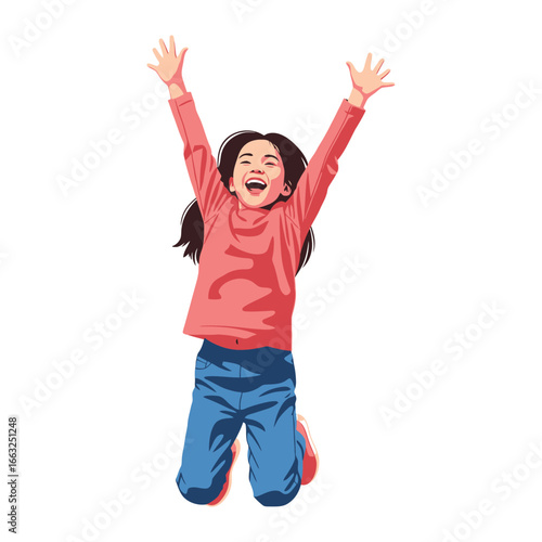 Joyful Leap: A young girl, full of infectious happiness, leaps into the air with arms raised, her face beaming with pure joy and glee. A vibrant portrayal of childhood innocence and boundless energy.