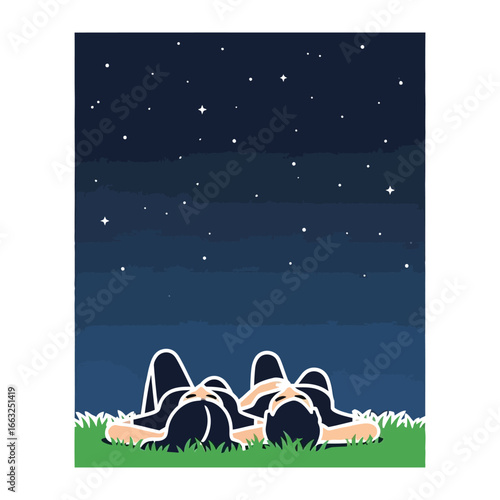 Stargazing Lovers: Two figures lie together, gazing at a night sky filled with twinkling stars, enjoying the calm of togetherness.