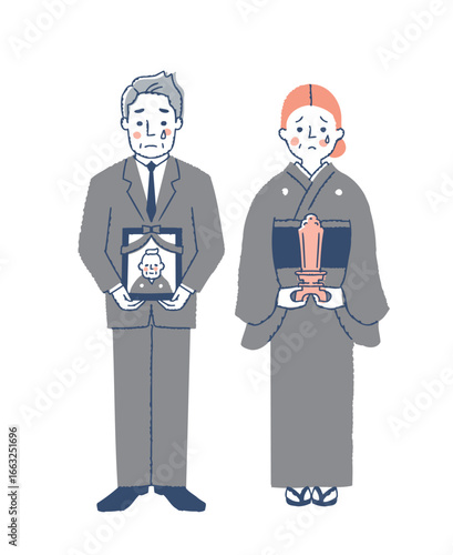 喪主・遺影と位牌を持っている喪服姿の男女