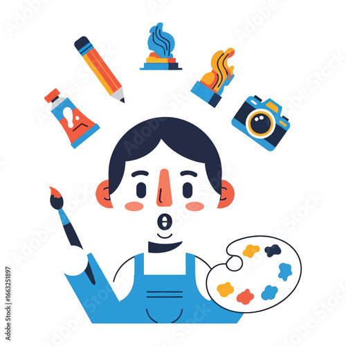 Artistic Dreams: A graphic illustration that represents an artist's creative mind, surrounded by symbols of various art forms.
