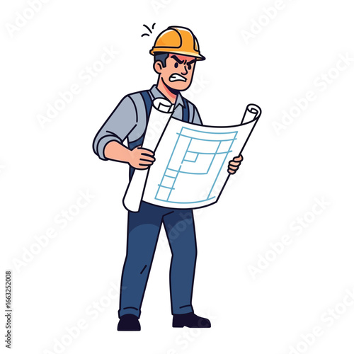 Frustrated Construction Worker: A determined construction worker in a safety helmet examines building blueprints with a look of dissatisfaction and frustration.