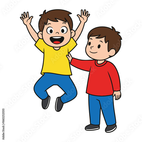 Friendship's Leap: Two young friends joyfully share a moment of fun, camaraderie and trust, showcasing a colorful illustration.