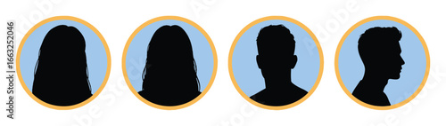 Silhouetted head and shoulder avatars in blue and gold circles for user profiles.