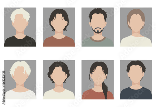 Set of diverse faceless avatar portraits of people with different hairstyles and clothing.