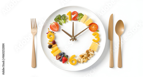 Healthy Eating Time: Plate Clock Composed of Fruits, Vegetables, and Nuts with Wooden Utensils on White Background