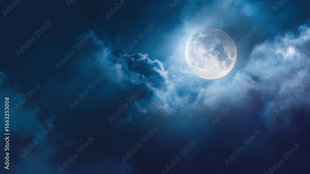 Fototapeta premium Bright full moon illuminates a mystical night sky with ethereal clouds