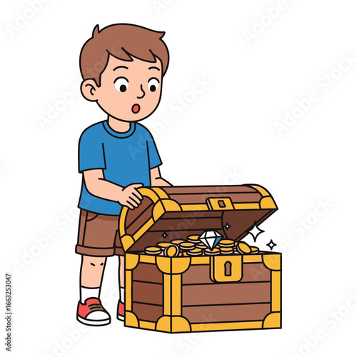 Discovery of Treasure: A curious boy stumbles upon a trove of glittering gold coins and precious gem in an open chest, sparking his imagination and wonder.