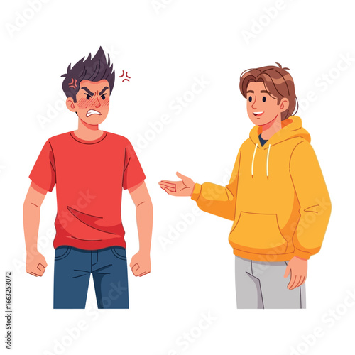 Conflict Conversation: An illustration portrays two individuals in a tense discussion. One figure is visibly agitated, while the other extends a calming hand, symbolizing potential resolution.