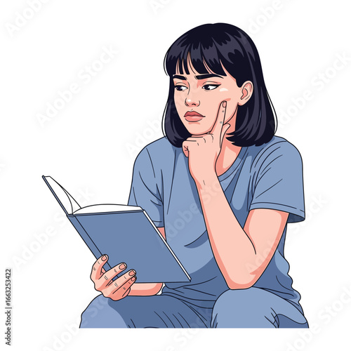 Bookish Contemplation: A woman engrossed in a book, hand on cheek, deep in thought, embodying the introspective nature of reading, ideas, and quiet reflection.