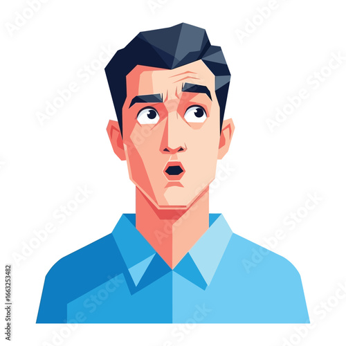 Astonished Expression: An artful illustration portrays a man exhibiting an open-mouthed, wide-eyed look of sheer surprise and bewilderment. A graphical rendering of awe.