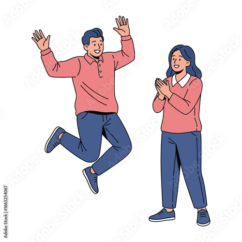 Joyful Celebration of Friendship: A man leaps in the air with unrestrained delight, his friend applauding in admiration. A scene of pure bliss and friendship.