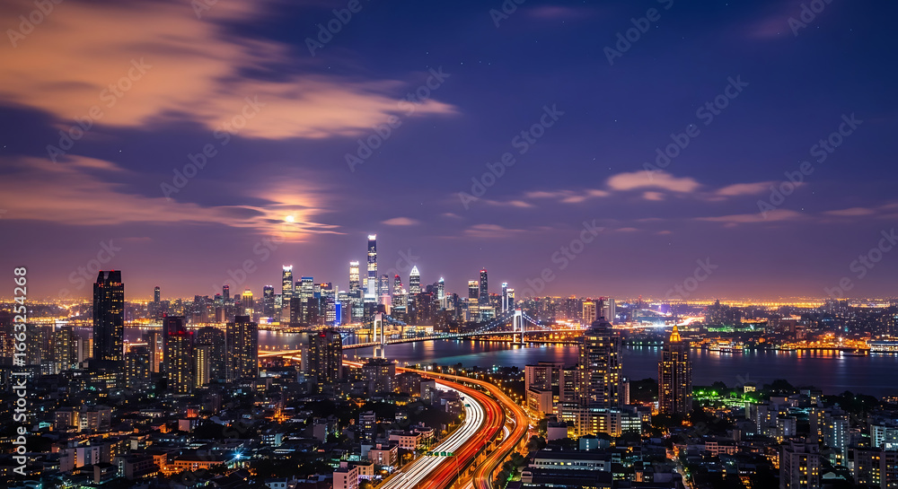Fototapeta premium Shanghai Nightscape A Breathtaking Panorama of City Lights and Moonlit Skies