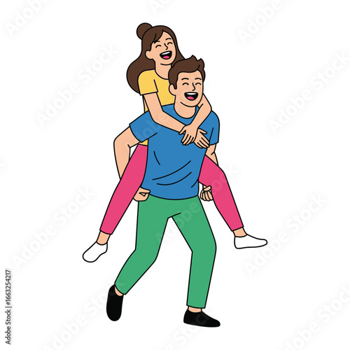 Joyful Piggyback Ride: A cartoon depicts a moment of shared joy, with a person happily giving their partner a piggyback ride, exuding happiness and lightheartedness.