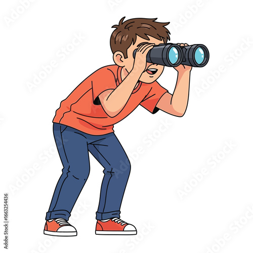 Curious Explorer: A youthful adventurer gazes intently through binoculars, envisioning discovery and excitement, symbolizing exploration and wonder.