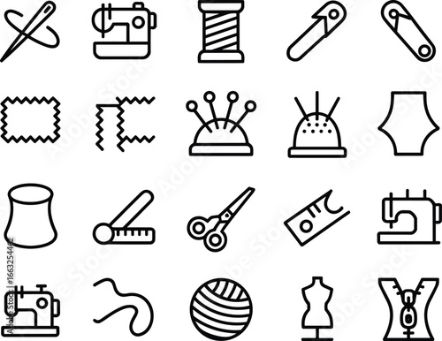 Sewing and tailoring icons, needle and thread, sewing machine, scissors, pin cushion, fabric, measuring tape, safety pin, yarn, dress form