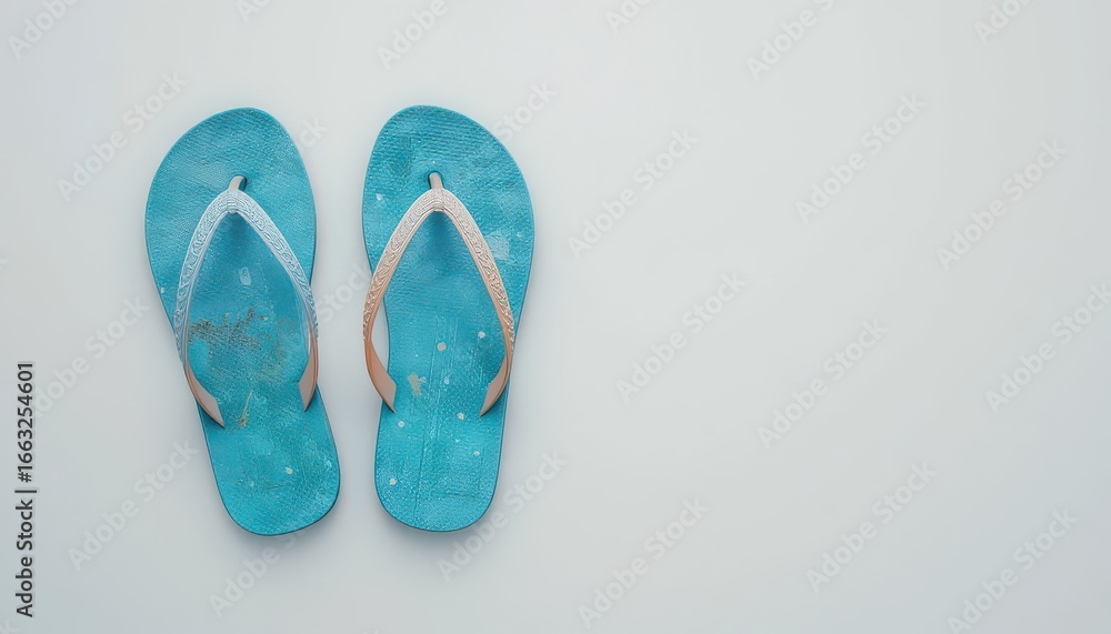 Fototapeta premium A pair of blue flip flops with white straps on a white background in a studio shot from above