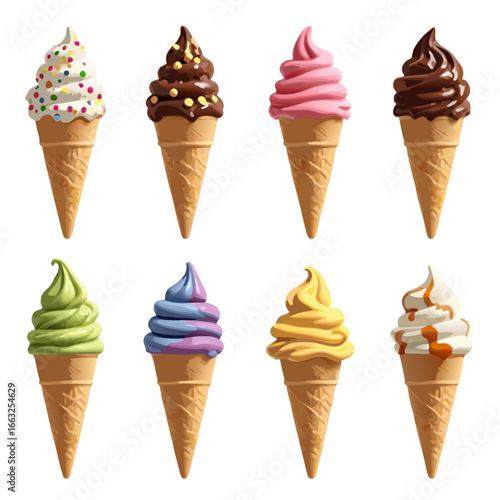 Set of 8 delicious ice cream cones with different flavors on transparent background. Perfect for food design, menu, packaging, summer promotion, or digital artwork.