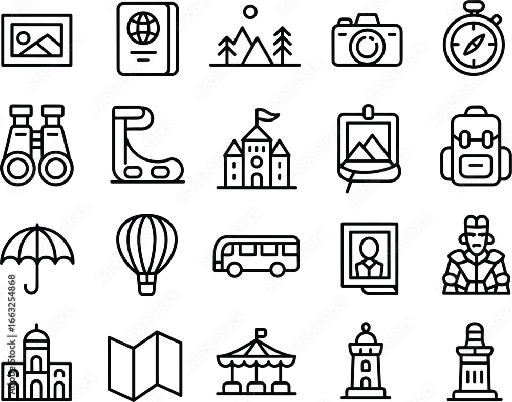 Naklejka premium Travel icons, adventure symbols, passport, camera, compass, binoculars, castle, hiking gear, backpack, hot air balloon, bus,