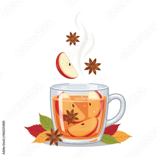 Warm Apple Cider Delight: A steaming mug of delicious apple cider, adorned with star anise and apple slices, evokes the cozy comfort of autumn.