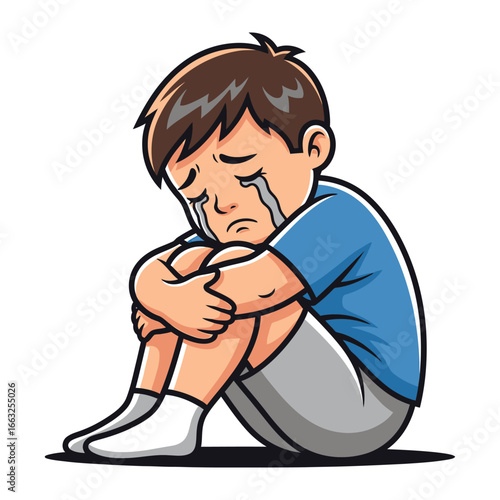 Loneliness Lament: A dejected cartoon depicts a small boy, curled in on himself, shedding tears of sorrow and isolation, embodying a touching exploration of childhood sadness.