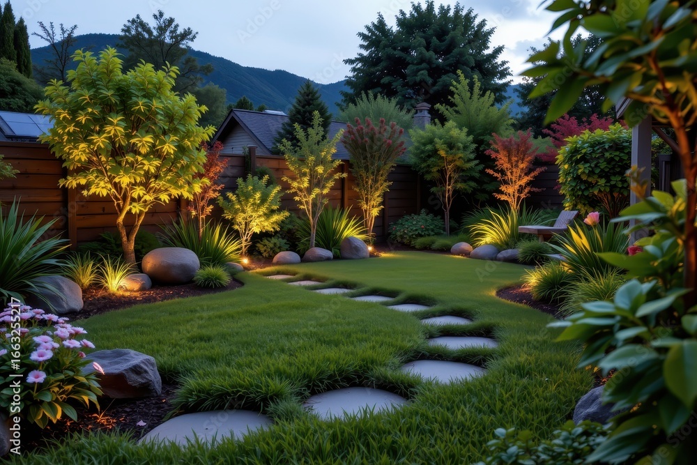 Obraz premium a small garden maintained with smart irrigation, robotic lawn mowers, and solar powered soft lights producing gentle textures and peaceful tranquil meditation environment