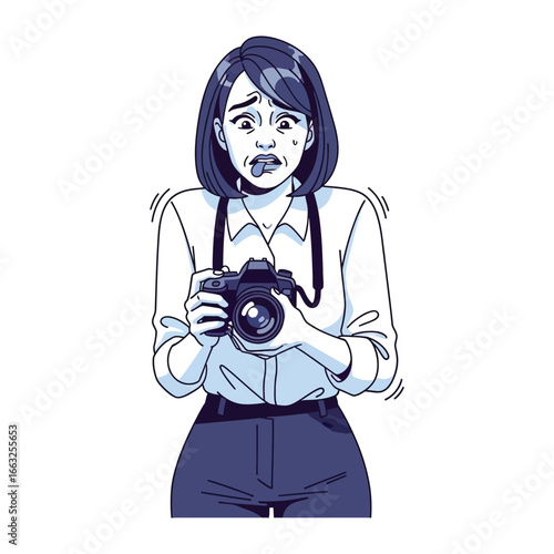 Intense Fear: A woman clutched her camera, her face contorted in terror. Her eyes widened, and she recoiled in fear of the unknown. capturing the pure horror and anxiety.