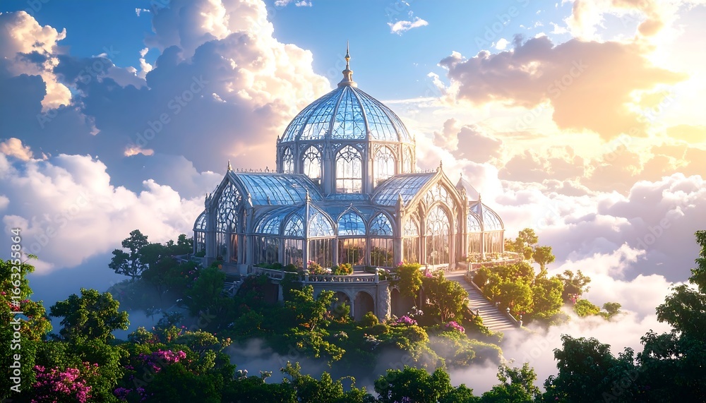 Fototapeta premium Floating Glass Cathedral in a Cloudy Sky Paradise.