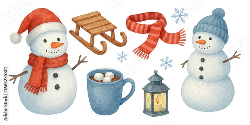New Year set. watercolor. Snowman, sleigh, scarf, snowflakes, mug of hot cocoa with marshmallows and lantern. Isolated on white background. Perfect for Christmas design, winter holidays, greeting card
