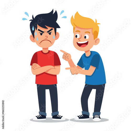 The weight of Mockery: Illustration of a moment depicting social interactions, a boy confronts the torment of another's taunting, encapsulating the raw emotions and complexities of the situation. 