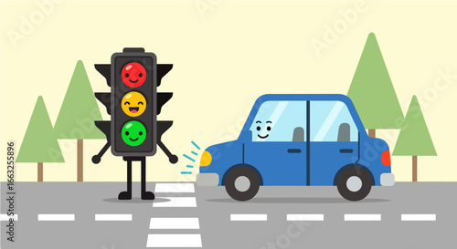 Vector cartoon illustration of a red traffic light on a city street, signaling cars to stop