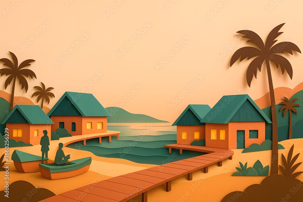 Obraz premium Coastal eco-lodge scene at sunset in paper cut style, with palm trees, stilt houses, warm orange and green hues, perfect for travel promotion.