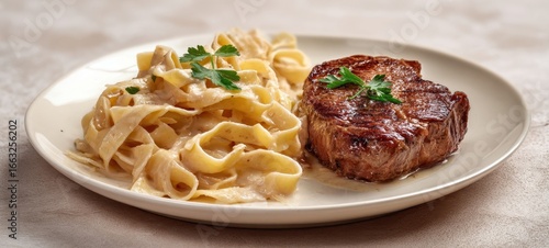The delicious combination of creamy fettuccine and juicy steak on a plate.