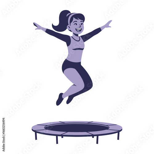 Joyful Bounce: A woman leaps with infectious energy, suspended mid-air above a trampoline, embodying freedom, fitness, and pure elation.