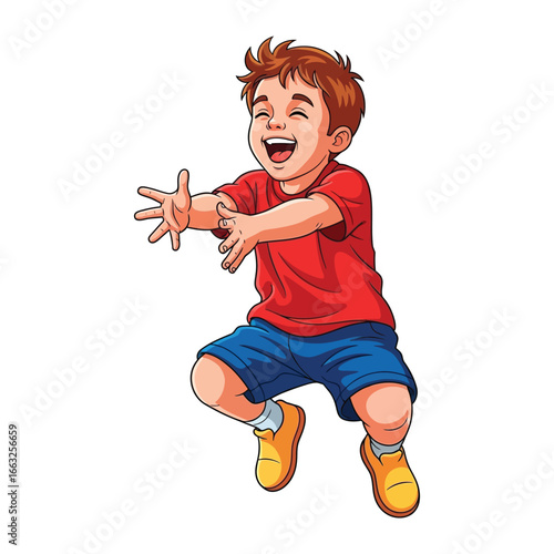 Joyful Leap: A young boy, brimming with happiness, leaps into the air with outstretched arms, expressing pure glee and excitement. 