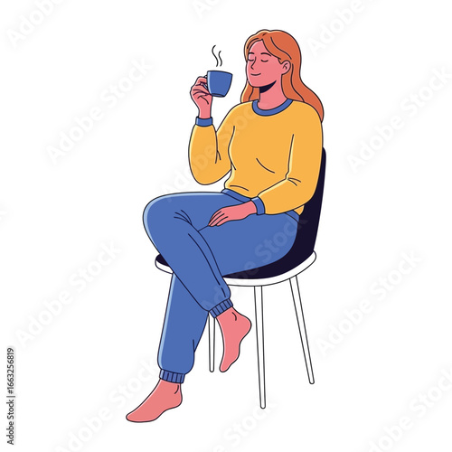 Serene Moments with a Sip: An illustration showcases a woman seated comfortably, delicately holding a steaming cup. The depiction captures a sense of tranquility and personal time.