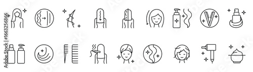 Hair straight line icons set. Hair straightener appliance for female haircut straightening and hair care cosmetic treatment outline icon. Vector illustration.