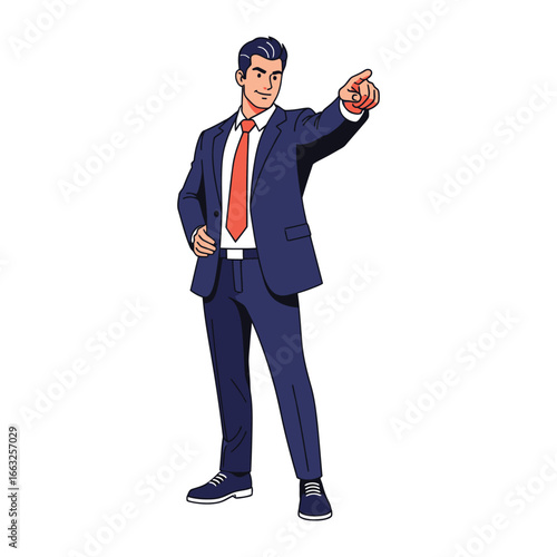 Visionary Business Leader: An illustrated professional, radiating confidence in his tailored suit, points towards the future, symbolizing ambition and strategic direction.