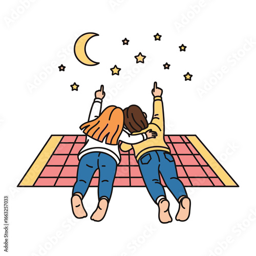 Stargazing Friendship: Two figures, arms intertwined, recline on a checkered blanket beneath a tapestry of stars, pointing towards the celestial wonders.