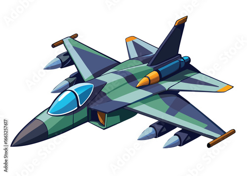 This vibrant vector graphic showcases a detailed, cartoonish depiction of a modern military fighter jet.