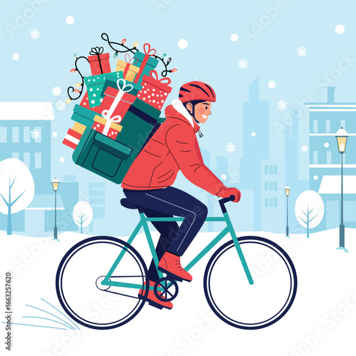 Courier on bicycle delivering Christmas gifts in winter city