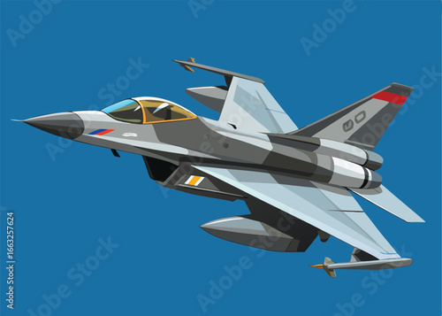 A stylized, cartoon-like illustration of a fighter jet, likely a Russian design, is depicted in flight against a solid blue background.